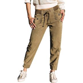 Flamingals Women's Flap Decor Drawstring Waist Mid Rise Straight Leg Crop Pants