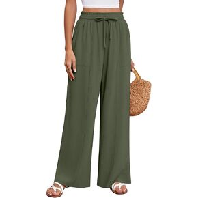 Huukeay Women's Linen Wide Leg Pants, High Waist Flowy Palazzo Pants with Pockets Drawstring Summer Casual Work Trousers
