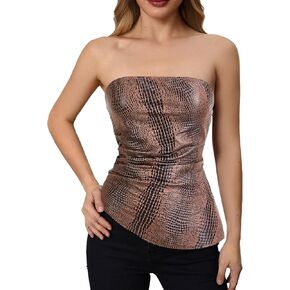 MakeMeChic Women's Faux Leather Strapless Tube Tops Asymmetrical Ruched Backless Corset Crop Going Out Tops