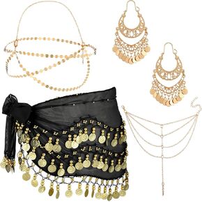 Sureio 4 Pcs Gypsy Costume Accessories Belly Dance Accessories Hip Scarf Wrap Belt Drop Earrings Hair Chain Tassel Bracelet(Black)