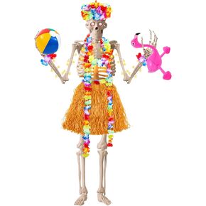 8 Pcs Summer Hawaiian 12 ft Skeleton Costume Accessories Hawaiian Hula Grass Skirt Tropical Flower Garlands Wristbands Beach Ball Skeleton Outfit for Garden Lawn Decor Luau Party