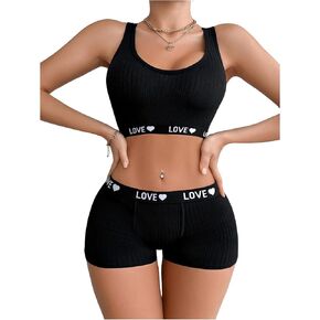 Women's 2 Piece Letter Print Lingerie Set Sleeveless Scoop Neck Sports Bras and Boyshorts Set in Saudi Arabia