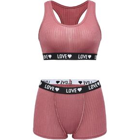 Women's 2 Piece Letter Print Lingerie Set Sleeveless Scoop Neck Sports Bras and Boyshorts Set