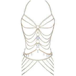 Connie Cloris Women's Sexy Body Chain Suit Fashion Halter Bra Chain Body Jewelry (206-D-Gold color)