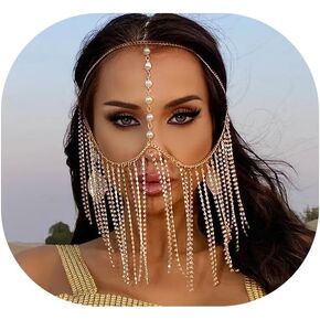 Sexy Pearl Rhinestone Tassel Veil Masks Crystal Face Chains Masks Masquerade Dance Costume Rhinestone Pearl Hair Chain Jewelry for Women