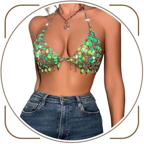 Asooll Sparkly Sequin Bra Chain Green Bikini Bra Top Beach Party Club Halter Chest Chains for Women