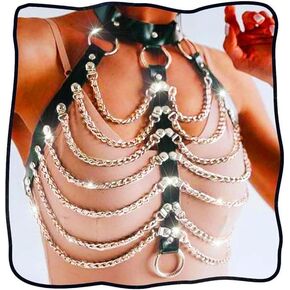 Punk Leather Body Chain Black Layered Chest Belt Chains Gothic Bra Harness Body Jewelry Accessories for Women