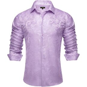 Dibangu Mens Silk Paisley Dress Dress ، زر طويل الأكمام لأسفل قميص قميص منتظم مناسب لرجال حفل زفاف الرجال