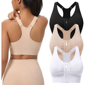 Zip Front Sports Bras for Women Adjustable Racerback Medium Support Bras Padded Post-Surgery Bras Seamless Yoga Athletic Bra