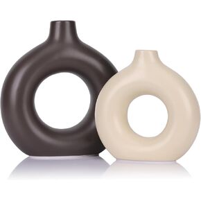 Terracotta Vase Decor Donut Vase Set of 2 - Circle Hollow Vase, Modern Matte Ceramic Vase for Entryway Living Room Bedroom Dining Table Centerpiece Office Home Decor