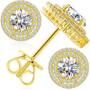 Moissanite Double Halo Stud Earrings Screw Back 18K White/Yellow Gold Plated 925 Sterling Silver Moissanite Halo Earrings for Women Men