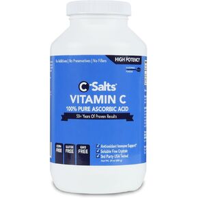 C-Salts Pure Ascorbic Acid Powder - High Dose 100% Pure Vitamin C Powder Supplement for Immune Support - Sugar-Free Powdered Drink with Soluble Fine Crystals, Organic, Corn-Free Non-GMO 24oz
