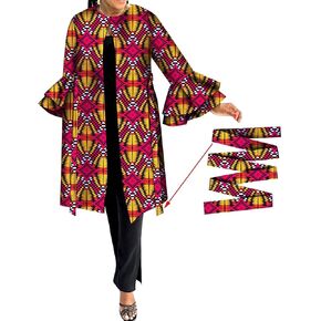 ABCWAX African Women's Jacket Ankara Detachable Belt Printed Cardigan Long Jacket Top Batik Dashiki Clothing