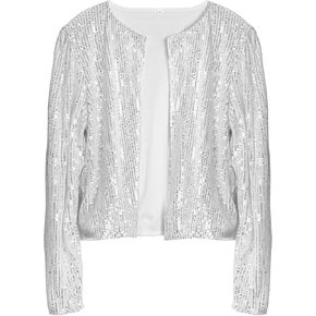ESTAMICO Women Open Front Sequin Jackets Fashion Long Sleeve Glitter Party Bomber Coat