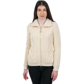 SAOL 100% Merino Wool Irish Cable Knit Zip Bomber Jacket with Pockets for Ladies in Kuwait