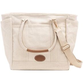Tote Bag for Women 100% Organic Cotton Canvas Purse Large Multi-pocket Handbag Work College Travel Duffle Bag Crossbody Bag with Detachable Strap