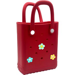 Mini Rubber Tote Bag, 6.5x8.0x3.1 inches, Small Waterproof Beach Bag with Random Charms for Girls (Red)