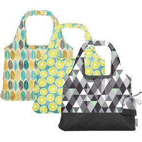 ChicoBag Vita Reusable Bag with Built-in Pouch and Carabiner Clip | Large-Capacity Shoulder Bag | Eco-Conscious Packable Tote | Variety 3pk - Lemon, Feather, & Matrix (Pack of 3)