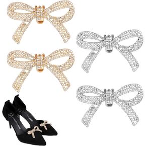 Rhinestone Shoe Clips 4 Pieces Classic Detachable Bow Heels Accessories Crystal Rhinestone Bow Shoe Clips Women Heel Clips Shoe Charms Fashion Sparkling Bow shoe Buckles Accessories - Gold & Silver