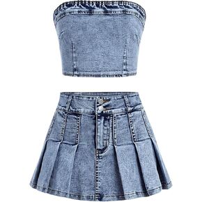 Wdirara Girl's Y2K 2 قطعة ملابس Bandeau Tubs Tops Jeans Denim يضع مجموعة تنورة صغيرة مطوية