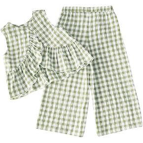 GORGLITTER Girl's Two Piece Outfits Gingham Plaid Ruffle Tank Top and Wide Leg Pants Vacation Outfits