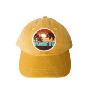 Women's Baseball Hat - Beach with Palmtrees and Surfboard Women's Hat - Beach Vacation Hat (Yellow)