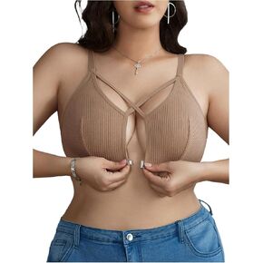 Women's Plus Size Criss Cross Front Closure Bra Cut Out Ribbed Knit Wireless Bralettes