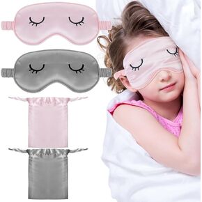 2Pcs Sleep Mask for Kids, Smooth Silk Soft Eye Cover Funny Blindfold Lightweight Night Sleep Eye Masks with 2 Storage Bags for Kids Girls（Gray, Pink）