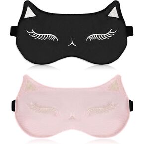 2 Pieces Cute Cat Sleep Mask for Kids, Adjustable Eyeshade Mask Cartoon Kitty Blindfolds Lightweight Kids Silk Sleeping Eye Cover for Girls Boys Women Men Travel Nap Sleeping Supplies