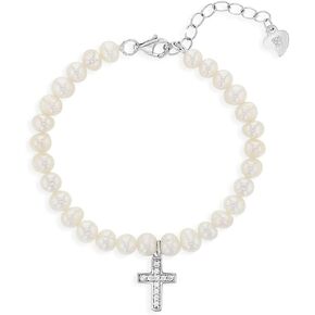 925 Sterling Silver White White Pearl & Cross Bracelet للأطفال الصغار والفتيات الصغيرات - أساور لؤلؤة كلاسيكية مثقفة للفتيات الصغيرات - سوار صليب الأطفال