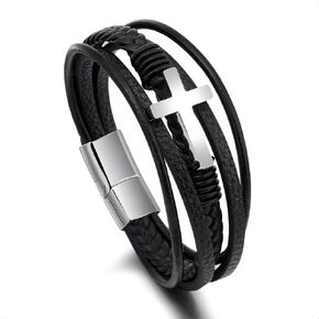 Cross Bracelet for Man,Silver Cross Multi-Layer Braided Black Leather Bracelet with Stainless Steel Buckle Men's Cuff Bracelet Genuine Leather Wristband Religious