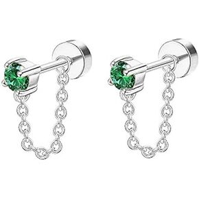 20G Emerald CZ Chain Dangle Cartilage Stud Earrings for Women Stainless Steel Conch Helix Tragus Flat Back Earrings Studs Labret Lip Rings Cartilage Piercing Jewelry