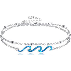 YFN Wave Bracelet 925 Sterling Silver Opal Ocean Wave Layered Bracelets Ocean Beach Bracelet for Women Jewelry Gifts (wave layered bracelet)