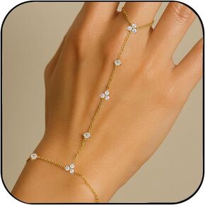 STONEFANS Hand Chain, Dainty Gold Bracelets for Women 14K Gold Plated Cubic Zirconia Finger Bracelet Adjustable Ring Bracelet Hand Chain Trendy Jewelry Accessories for Women Gifts