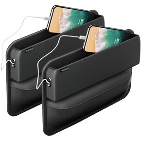 Car Seat Gap Filler,Console Side Pocket Organizer,Car Front Seat Gap Storage Box with Charging Cable Hole on the Side,Car Seat Pockets for Cellphone Wallet Coin Keys,Premium PU Leather,2 Pack