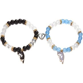 Couples Bead Friendship Bracelets 2 Pcs Cute Cat Friendship Kawaii Cartoon Animal Heart Matching Elastic BFF Bracelets Relationship Jewelry Gifts