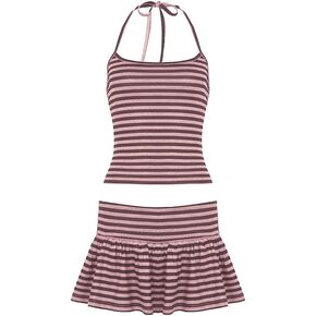 EMMIOL Womens 2 Piece Striped Outfits 2025 Summer Sexy Halter Tops Skorts Sets Beach Vacation Clothes