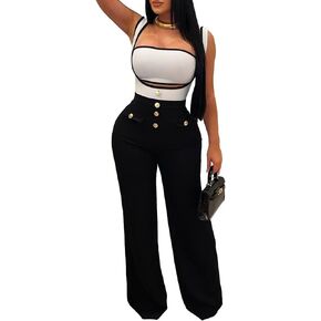Molisry Women's 2 Pieces Tank Jumpsuit High Waisted Cut Out Halter Tube Top Sleeveless Bodycon Jumpsuits Casual Sets