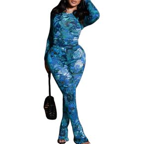 Sexy 2 Piece Set Jumpsuit for Women Floral Print See Through Mesh Long Sleeve Going Out Top and Flare Pants Sets