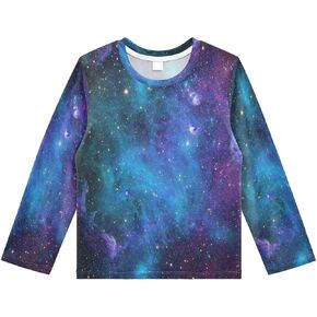 Kids Galaxy Stars Abstract Space Long Sleeve Rash Guard Shirt Blue Purple Swim Shirt for Boys Girls UPF 50+ 3-12T
