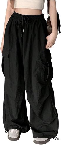 GORGLITTER Women's Parachute Cargo Pants with Pockets Baggy Wide Leg Low Waisted Oversized Loose Drawstring Pants in Kuwait