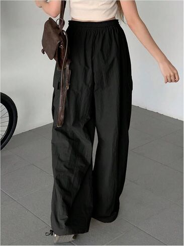 GORGLITTER Women's Parachute Cargo Pants with Pockets Baggy Wide Leg Low Waisted Oversized Loose Drawstring Pants in Kuwait