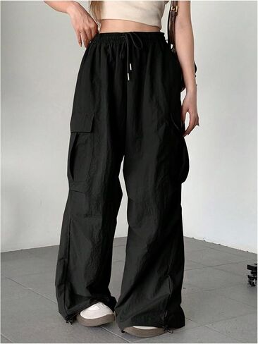 GORGLITTER Women's Parachute Cargo Pants with Pockets Baggy Wide Leg Low Waisted Oversized Loose Drawstring Pants in Kuwait