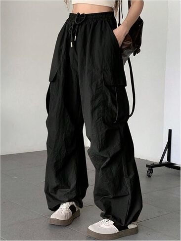 GORGLITTER Women's Parachute Cargo Pants with Pockets Baggy Wide Leg Low Waisted Oversized Loose Drawstring Pants in Kuwait