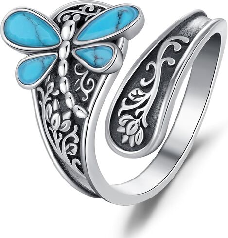 Sterling Silver Turquoise Rings for Women Vintage Adjustable Sunflower/Dragonfly/Butterfly Spoon Rings Boho Antique Statement Ring Jewelry Gifts in Saudi Arabia