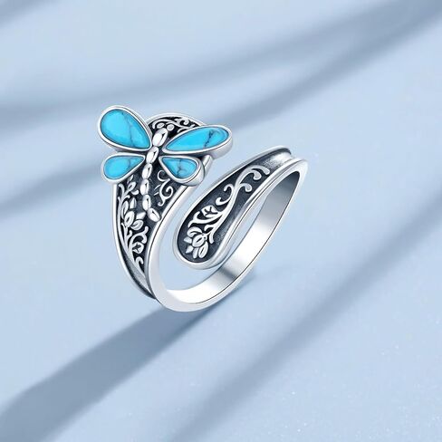 Sterling Silver Turquoise Rings for Women Vintage Adjustable Sunflower/Dragonfly/Butterfly Spoon Rings Boho Antique Statement Ring Jewelry Gifts in Saudi Arabia