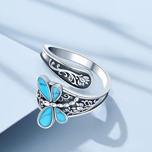 Sterling Silver Turquoise Rings for Women Vintage Adjustable Sunflower/Dragonfly/Butterfly Spoon Rings Boho Antique Statement Ring Jewelry Gifts in Saudi Arabia