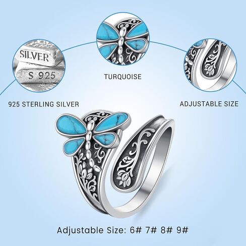Sterling Silver Turquoise Rings for Women Vintage Adjustable Sunflower/Dragonfly/Butterfly Spoon Rings Boho Antique Statement Ring Jewelry Gifts in Saudi Arabia
