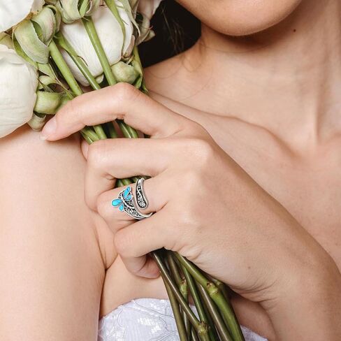 Sterling Silver Turquoise Rings for Women Vintage Adjustable Sunflower/Dragonfly/Butterfly Spoon Rings Boho Antique Statement Ring Jewelry Gifts in Saudi Arabia