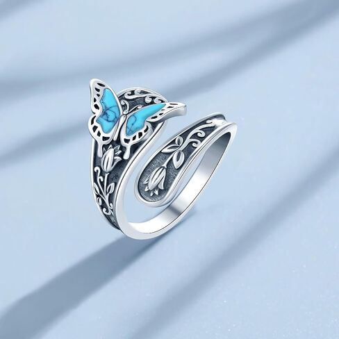Sterling Silver Turquoise Rings for Women Vintage Adjustable Sunflower/Dragonfly/Butterfly Spoon Rings Boho Antique Statement Ring Jewelry Gifts in Saudi Arabia